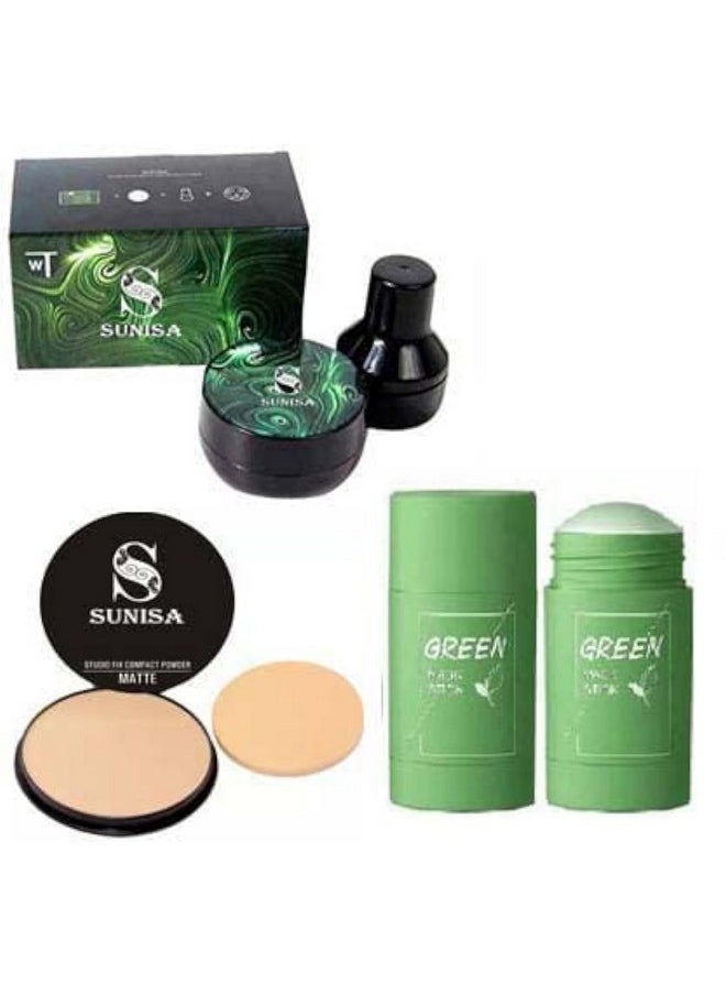 SUNISA 1 Bb And Cc Cream Full Coverage Natural Foundation For All Skin Type With Mushroom Head Air Cushion 20G And 1 Studio Fix Compact Powder With 1 Green Tea Stick Mask - (Pack Of 4)