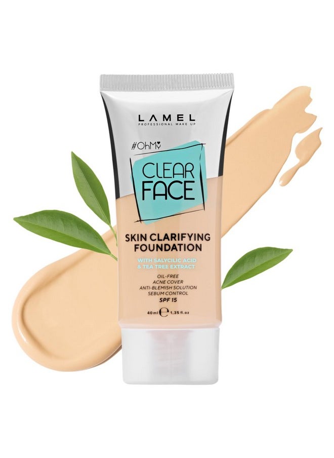 LAMEL OhMy Clear Face Full Coverage Foundation - Acne Coverage - Salicylic Acid & Tea Tree Extract - Dewy & Flawless Finish - Sensitive Skin Care - Organic & Oil-Free - 401, 1.35 fl.oz