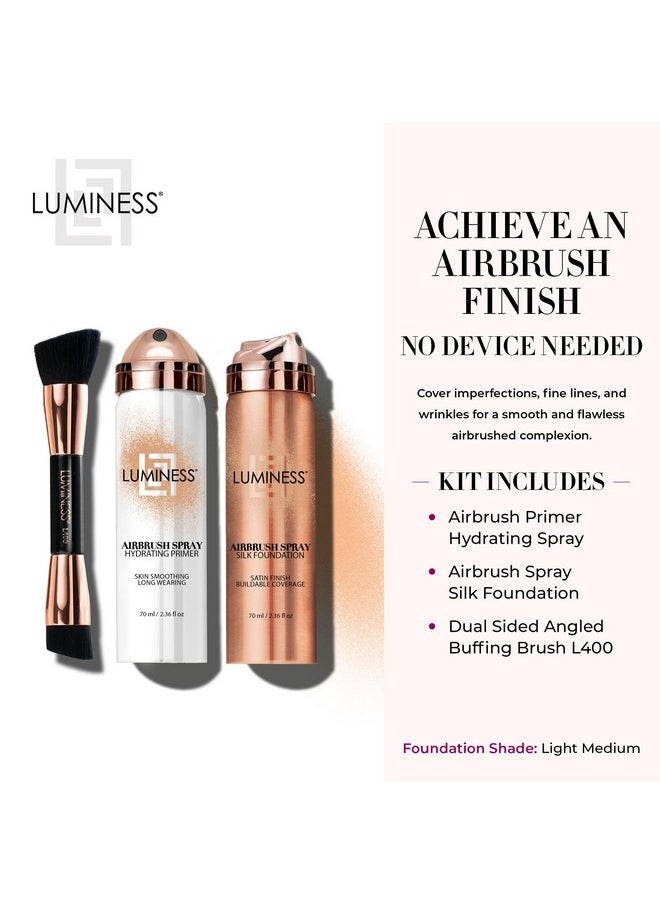 LUMINESS Airbrush Spray Silk Foundation Starter Kit - Light Medium - Foundation, Primer & Dual-Sided Angled Buffing Brush - Medium, Buildable Coverage, Anti-Aging Formula Hydrates & Moisturizes