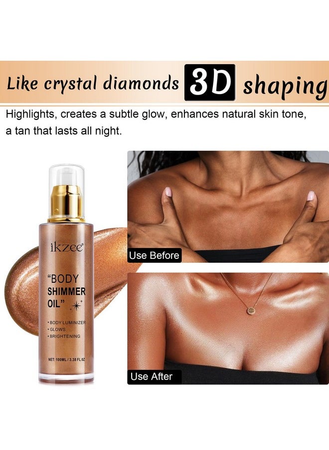 Body Shimmer Oil 100ml, Moisturizing Long Lasting Body Luminizer Face Brighten, Waterproof Liquid Illuminator Body Glow, Shimmer Body Glitter Oil Highlighter Summer Glowing Makeup (#03 Bronze Gold)