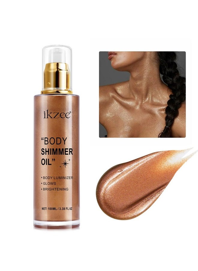 Body Shimmer Oil 100ml, Moisturizing Long Lasting Body Luminizer Face Brighten, Waterproof Liquid Illuminator Body Glow, Shimmer Body Glitter Oil Highlighter Summer Glowing Makeup (#03 Bronze Gold)