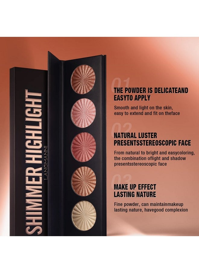 Highlighter Powder Palette, Makeup Palette Facial Bronzers Illuminator Palette Highlighter Baked Waterproof Long Lasting Brilliant Lighten Skin Color (5 Color, 1 Count (Pack of 1))