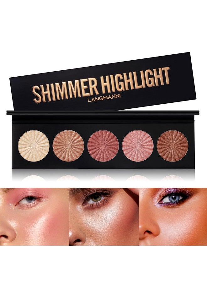 Highlighter Powder Palette, Makeup Palette Facial Bronzers Illuminator Palette Highlighter Baked Waterproof Long Lasting Brilliant Lighten Skin Color (5 Color, 1 Count (Pack of 1))