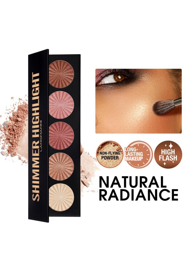 Highlighter Powder Palette, Makeup Palette Facial Bronzers Illuminator Palette Highlighter Baked Waterproof Long Lasting Brilliant Lighten Skin Color (5 Color, 1 Count (Pack of 1))