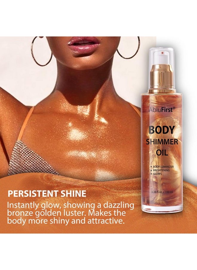 AbluFirst Shimmer Body Oil 100ml Face Glitter Summer Body Moisturizing Light Shimmering Glow Non-Sticky Party Body Luminizer and Illuminator Smooth (3.38 Fl Oz Pack of 1, Bronze Gold)
