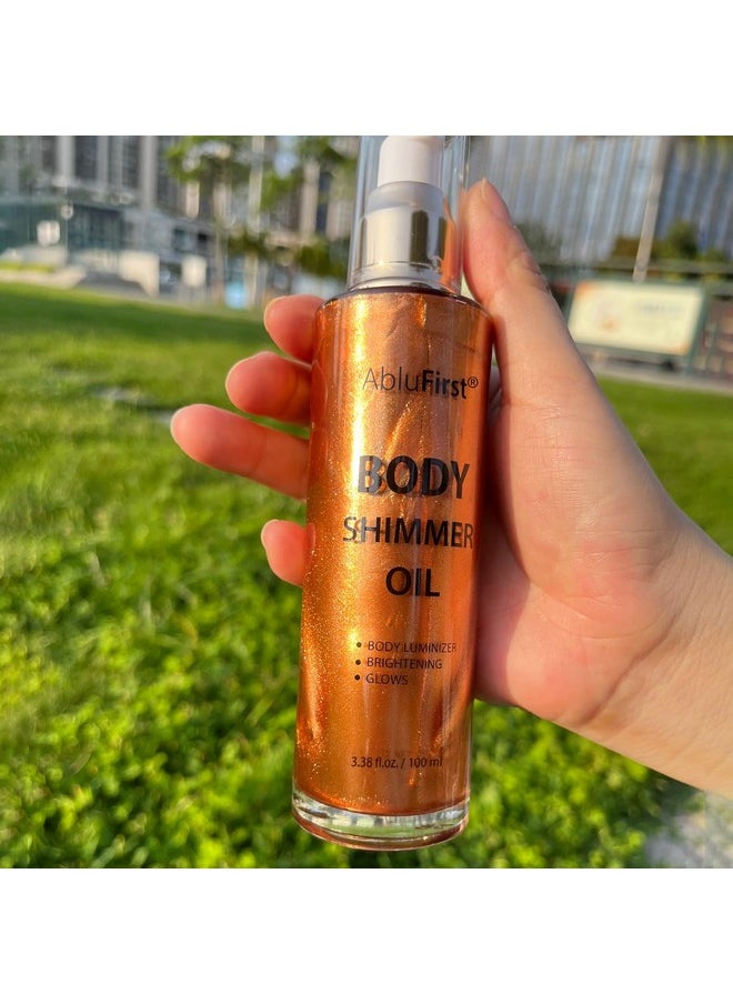 AbluFirst Shimmer Body Oil 100ml Face Glitter Summer Body Moisturizing Light Shimmering Glow Non-Sticky Party Body Luminizer and Illuminator Smooth (3.38 Fl Oz Pack of 1, Bronze Gold)