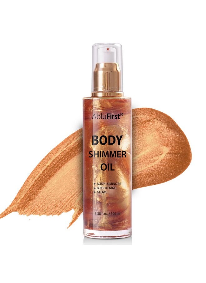 AbluFirst Shimmer Body Oil 100ml Face Glitter Summer Body Moisturizing Light Shimmering Glow Non-Sticky Party Body Luminizer and Illuminator Smooth (3.38 Fl Oz Pack of 1, Bronze Gold)
