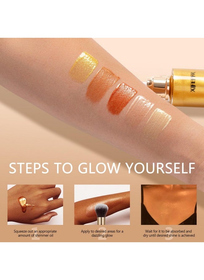 XIFEPFR Body Shimmer Oil, Rose Gold Face Brighten Glow Body Luminizer Highlighter Liquid Illuminator with Makeup Brush, Long Lasting Moisturizing Body Glitter Oil for Makeup (3.38 Fl Oz/#05)