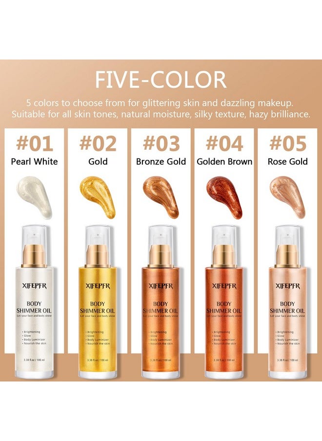 XIFEPFR Body Shimmer Oil, Rose Gold Face Brighten Glow Body Luminizer Highlighter Liquid Illuminator with Makeup Brush, Long Lasting Moisturizing Body Glitter Oil for Makeup (3.38 Fl Oz/#05)