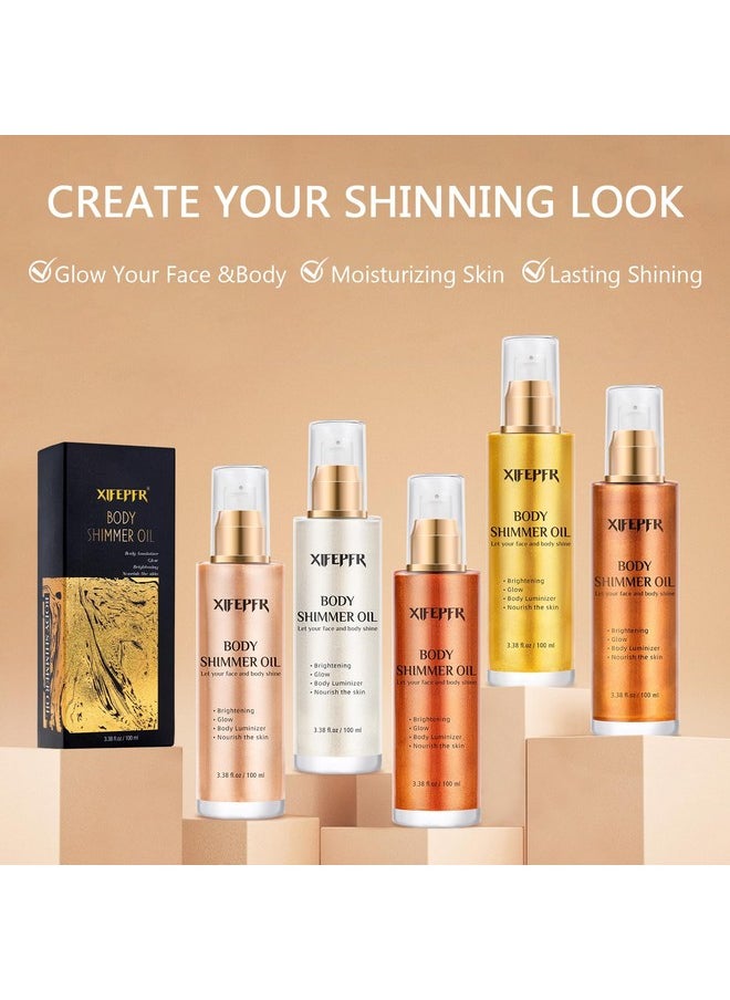 XIFEPFR Body Shimmer Oil, Rose Gold Face Brighten Glow Body Luminizer Highlighter Liquid Illuminator with Makeup Brush, Long Lasting Moisturizing Body Glitter Oil for Makeup (3.38 Fl Oz/#05)