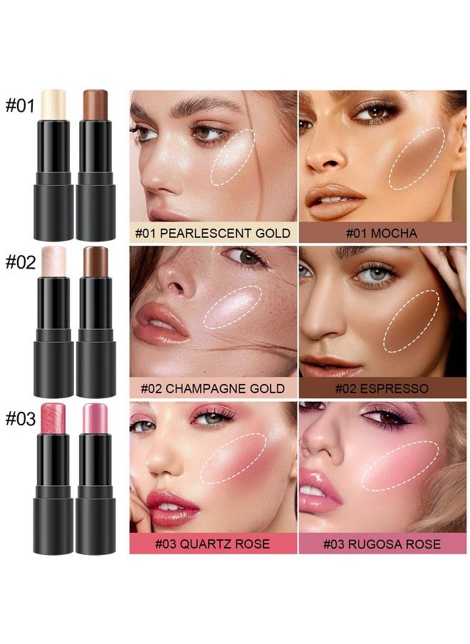 6 Colors Cream Contour Stick Makeup Kit, Shades with Highlighter Stick, Blush Stick and Bronzer Contour Stick for Sculpt the Cheeks, Long Lasting, Waterproof, Matte & Dewy Finish (SET A)
