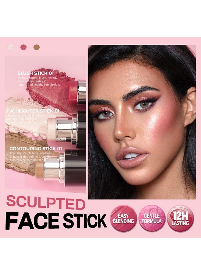 HOSAILY Face Contour Stick Set, Highlighter Stick & Bronzer Stick & Cream Blush Stick for Cheek Lip Tint, Long Lasting Blendable Lightweight Smooth Sculpted Face Stick Natural Dewy Makeup for All Skin