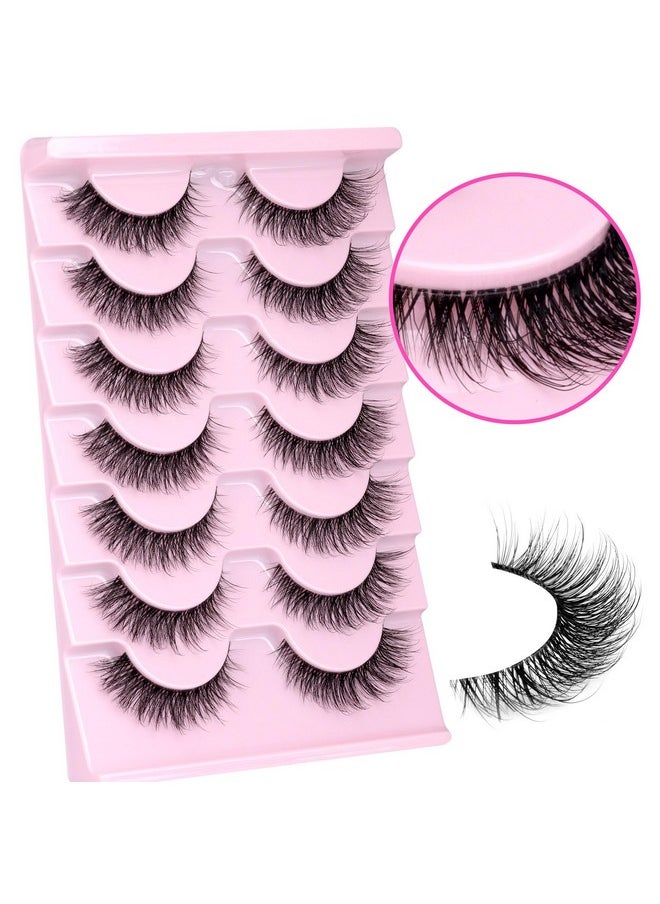 wiwoseo Natural Wispy Fluffy Lashes with Glue Cat Eyes Mink Lashes Clear Band Eyelashes with Glue Kit Russian Strip Lashes Natural Look False Eyelashes Extension Strip Lashes D Curly 7 Pairs Pack
