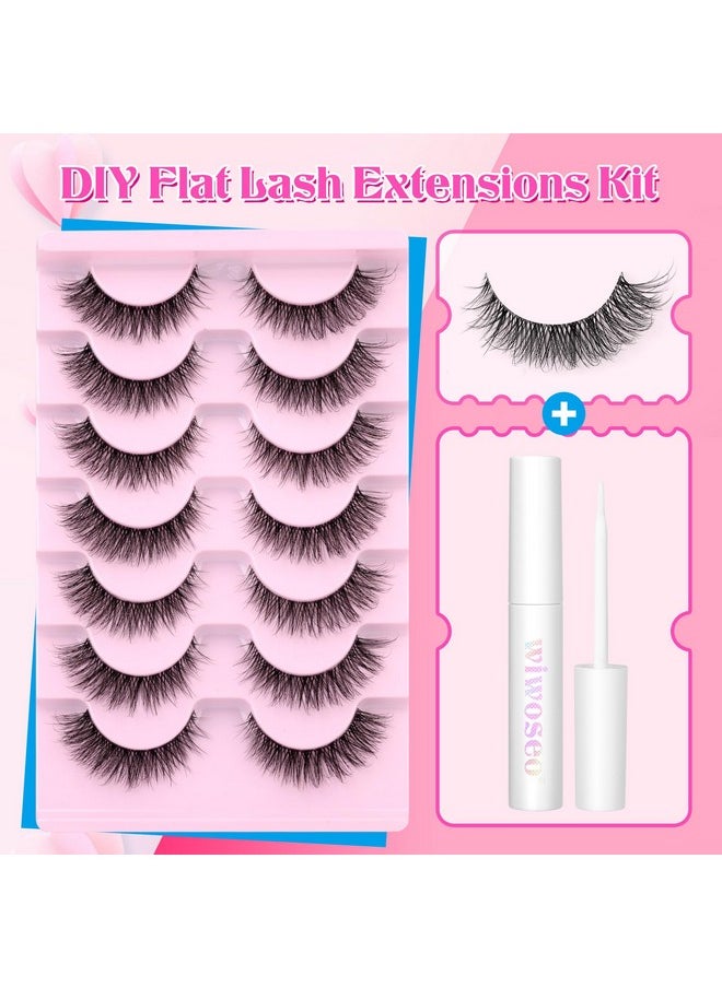 wiwoseo Natural Wispy Fluffy Lashes with Glue Cat Eyes Mink Lashes Clear Band Eyelashes with Glue Kit Russian Strip Lashes Natural Look False Eyelashes Extension Strip Lashes D Curly 7 Pairs Pack