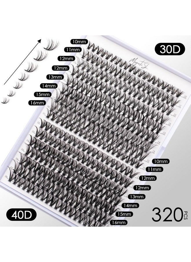 Lash Clusters DIY Lash Extensions Kit 320pcs Individual Lashes Clusters 30D 40D D Curl Eyelash Extension Kit with Applicator and Lash Bond&Seal,Clusters Lash Glue Remover Mix 10-16mm (30D+40D-320 KIT)