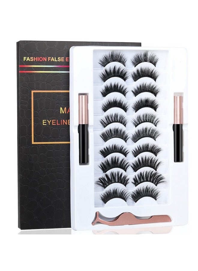 BILEYCHA Upgrade 3D Natural Magnetic Eyelashes,Lightweight Magnetic Eyeliner and Eyelashes Kit, 2 Magnetic Eyeliners- No Glue Needed (10 Pairs)