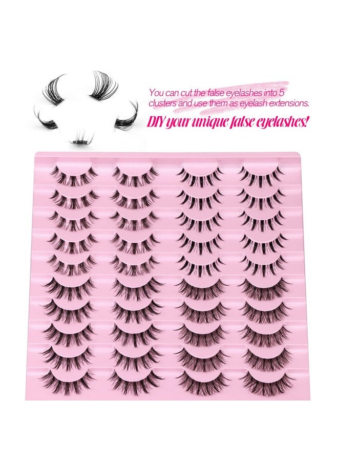 Manga Lashes Natural Look Anime False Eyelashes 20 Pairs Clear Band Individual Wispy Fake Eyelashes Strip Spiky DIY Cluster Lashes Extension C Curl Cat Eye Lashes Pack