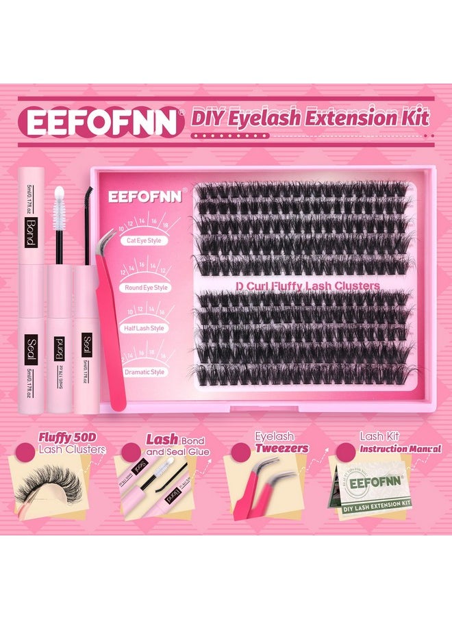 Eefofnn DIY Lash Extension Kit Fluffy Mink Cluster Lashes Kit Natural Volume Eyelashes Extensions with Lash Bond and Seal Tweezers 50D Eyelash Clusters 10-18MM Fluffy Individual Lashes Extension Kit