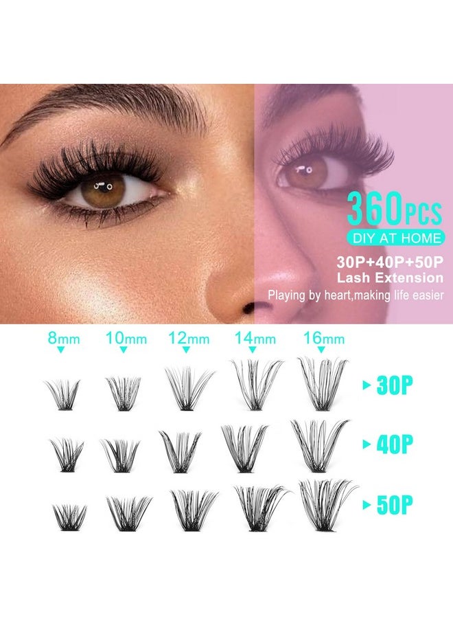 Geeneiya Natural Lash Clusters 8-16MM Wispy Lash Extension D Curl Individual Eyelashes 30D+40D+50D Cluster Eyelash Extensions 360Pcs Individual Eyelashes (0.05D, 8-16MM)