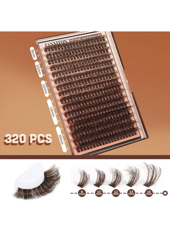 Brown Lash Clusters 320 Pcs Lash Extension Kit Fluffy DIY Eyelash Extensions Kit Natural Look Cluster Lashes D Curl 8-16 MM Mixed Lash Bond and Seal Lash Tweezers for Lash Clusters Kit DIY at Home
