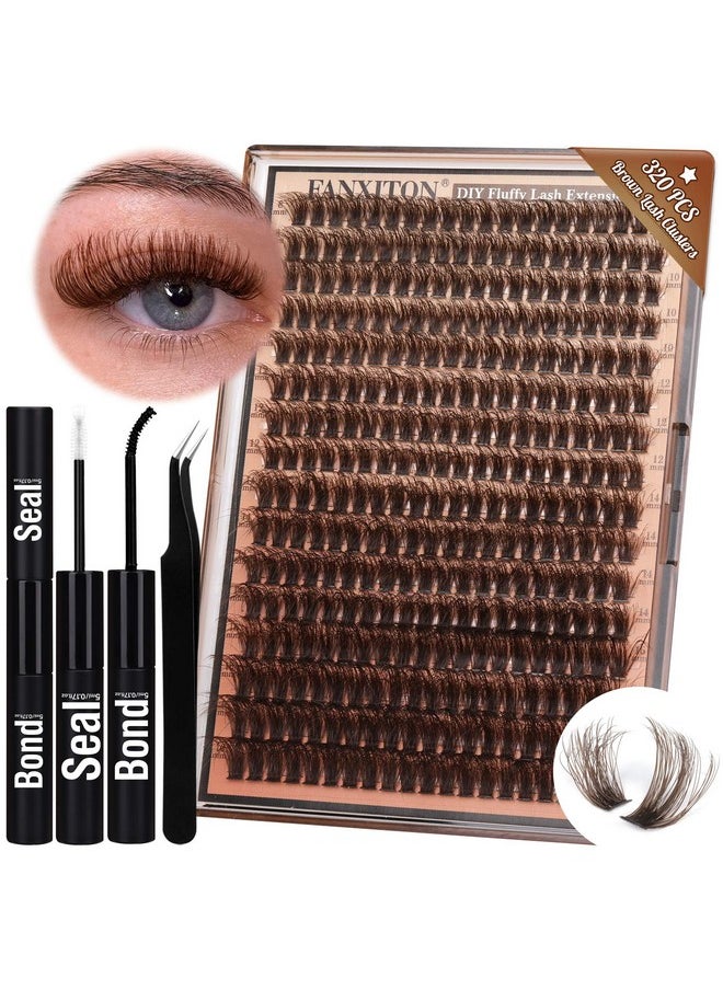 Brown Lash Clusters 320 Pcs Lash Extension Kit Fluffy DIY Eyelash Extensions Kit Natural Look Cluster Lashes D Curl 8-16 MM Mixed Lash Bond and Seal Lash Tweezers for Lash Clusters Kit DIY at Home