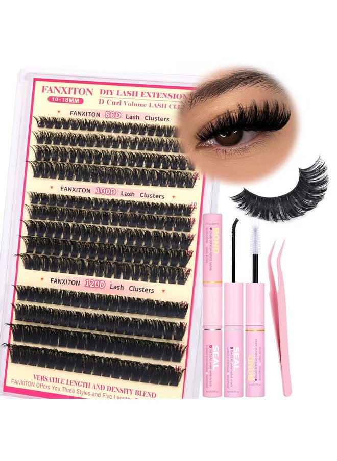 D Curl Lash Clusters Kit Thick Lash Extension Kit Volume Lash Clusters 80D+100D+120D Eyelash Clusters Kit 10-18mm Individual Lashes with Bond and Seal by FANXITON