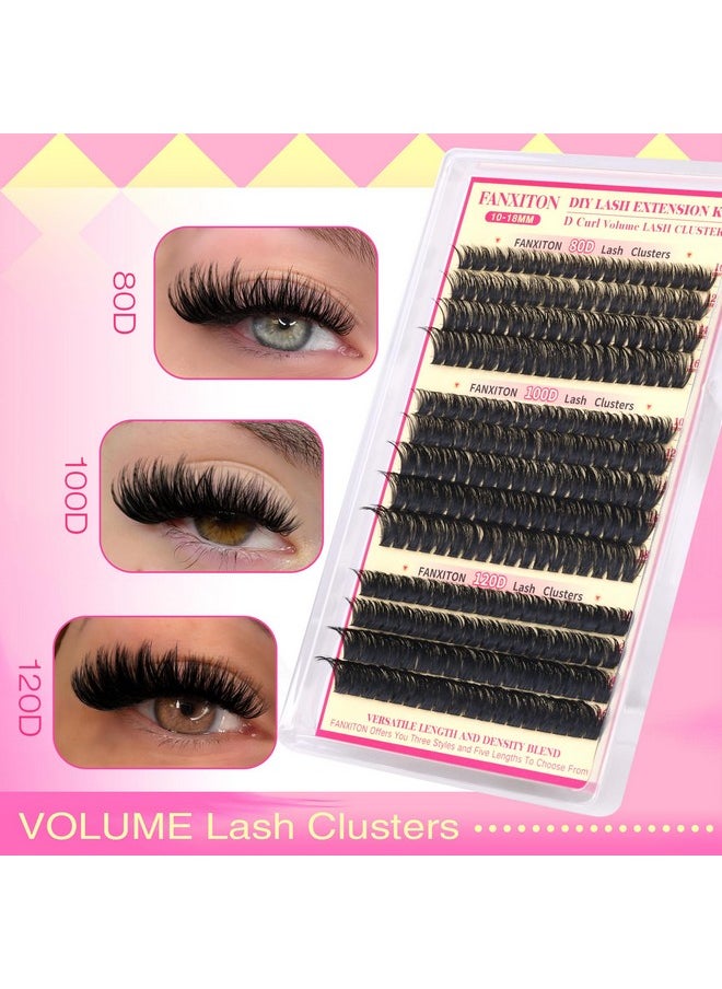 D Curl Lash Clusters Kit Thick Lash Extension Kit Volume Lash Clusters 80D+100D+120D Eyelash Clusters Kit 10-18mm Individual Lashes with Bond and Seal by FANXITON