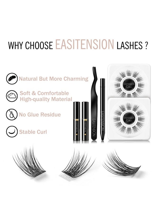 EASITENSION DIY Eyelash Extension, 3D Effect Glue Bonded Band Cluster Lashes Individual Lash Clusters Volume Lashes Set, At Home Eyelash Extension, C curl Lashes Pack 12mm,14mm (KIT)