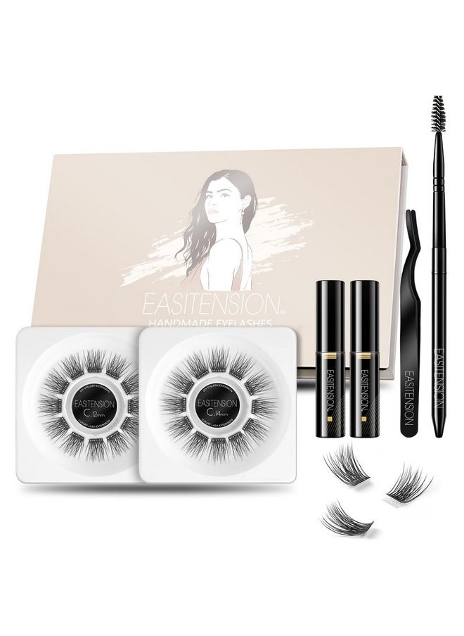 EASITENSION DIY Eyelash Extension, 3D Effect Glue Bonded Band Cluster Lashes Individual Lash Clusters Volume Lashes Set, At Home Eyelash Extension, C curl Lashes Pack 12mm,14mm (KIT)