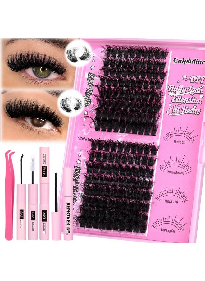 Calphdiar Lash Extension Kit 12-18MM Fluffy Eyelash Extension Kit Wispy Lash Clusters Kit DIY D Curl Cluster Eyelash Extensions 80D+100D Lashes Clusters with Lash Bond and Seal and Remover Lash Kit