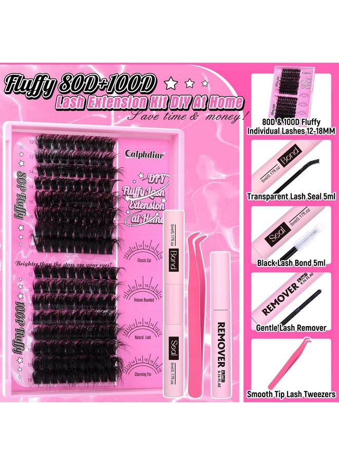 Calphdiar Lash Extension Kit 12-18MM Fluffy Eyelash Extension Kit Wispy Lash Clusters Kit DIY D Curl Cluster Eyelash Extensions 80D+100D Lashes Clusters with Lash Bond and Seal and Remover Lash Kit