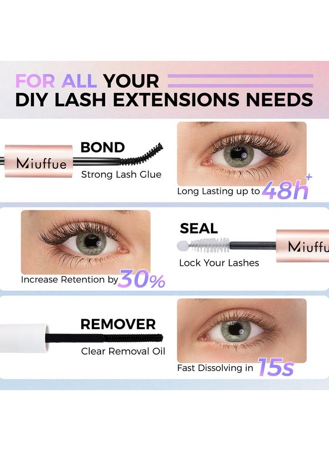 Miuffue 3 PCS Lash Kit Lash Bond and Seal with Lash Tweezers Cluster Remover Kit, DIY Eyelash Glue and Lash Applicator Tool Cluster Eyelash Glue Remover Fast Removal with No Residue
