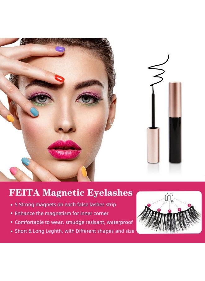 Magnetic Lashes with Applicator & Magnetic Eyeliner Kit - FEITA Reusable 3D 5D Magnetic Eyelashes Pack with 1 Tweezers & Upgraded 4 Tubes Magnetic Eyeliner, No Glue (15 Packs)