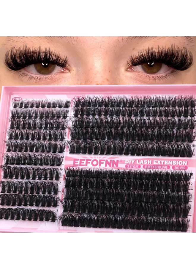 Eefofnn Fluffy Lash Clusters 60D+80D+100D Eyelash Clusters 300 pcs Individual Lashes Volume Cluster Eyelash Extensions D Curl Eyelashes Clusters DIY Lash Extension Thick Cluster Lashes