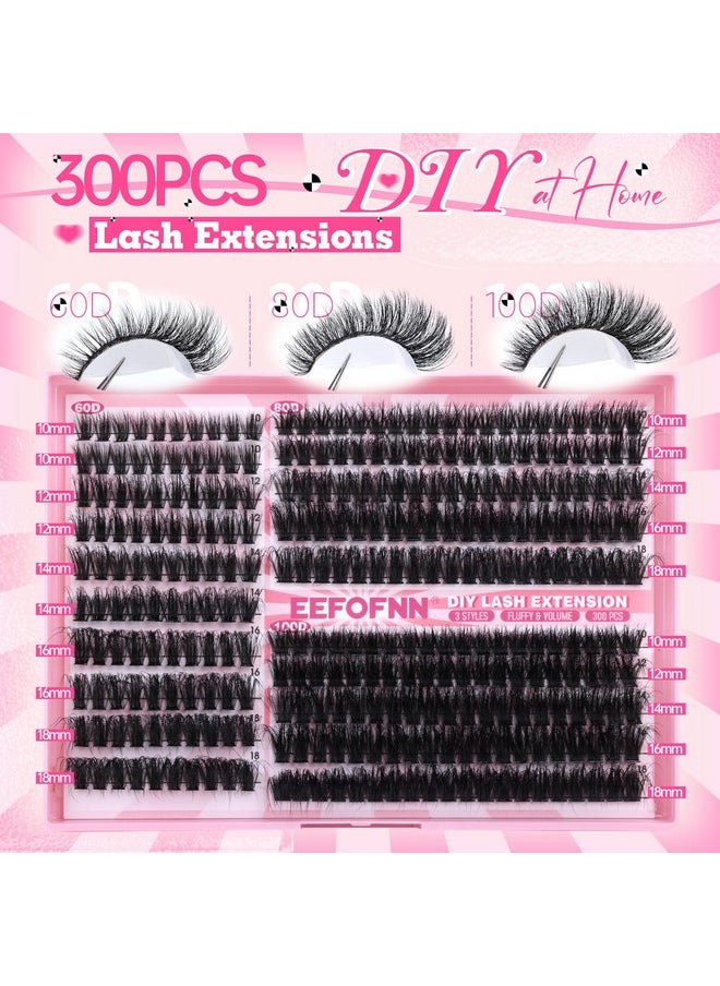 Eefofnn Fluffy Lash Clusters 60D+80D+100D Eyelash Clusters 300 pcs Individual Lashes Volume Cluster Eyelash Extensions D Curl Eyelashes Clusters DIY Lash Extension Thick Cluster Lashes