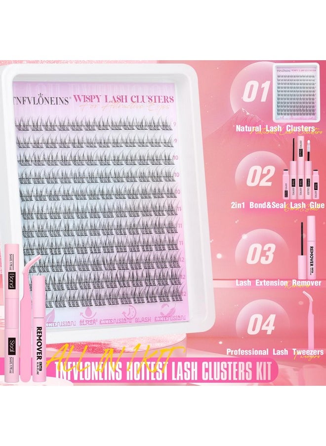 Wispy Lash Clusters Kit Natural Lash Extension Kit 9-12MM Cluster Eyelash Extensions Kit DIY Eyelash Extension Kit C Curl Individual Lashes Clusters Eyelash Extension with Lash Remover by TNFVLONEINS