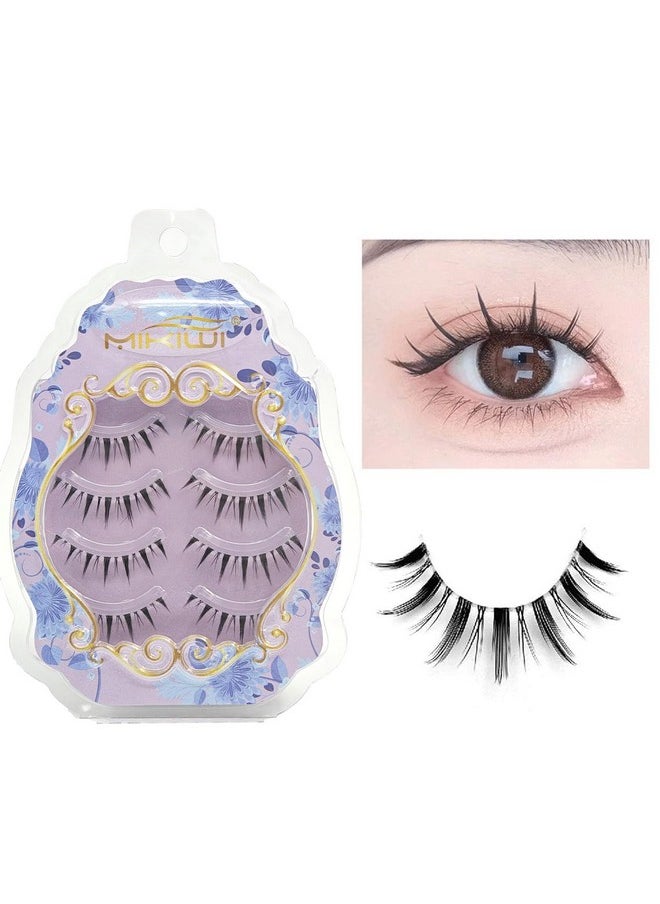 MIKIWI Manga Lashes, Clear Band Anime Lashes 4 Pack, Spiky Anime False Eyelashes Natural Look, Japanese Lashes Looks Like Cluster Manga Lashes Individual, Reusable Cosplay Wispy Strip Eyelashes