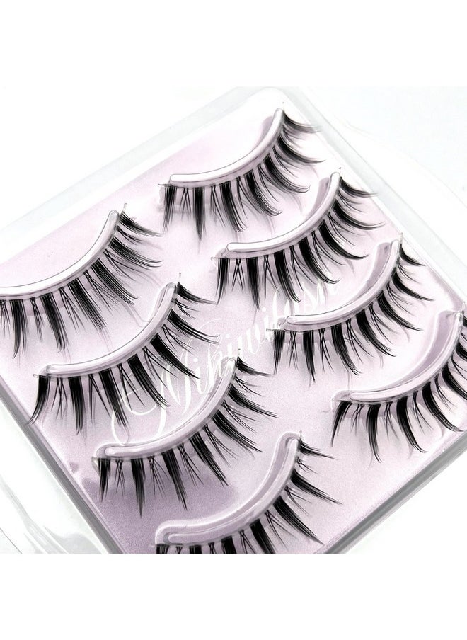MIKIWI Manga Lashes, Clear Band Anime Lashes 4 Pack, Spiky Anime False Eyelashes Natural Look, Japanese Lashes Looks Like Cluster Manga Lashes Individual, Reusable Cosplay Wispy Strip Eyelashes