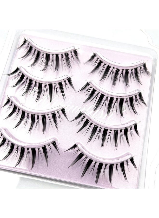 MIKIWI Manga Lashes, Clear Band Anime Lashes 4 Pack, Spiky Anime False Eyelashes Natural Look, Japanese Lashes Looks Like Cluster Manga Lashes Individual, Reusable Cosplay Wispy Strip Eyelashes