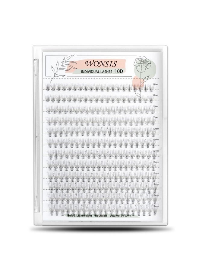 WONSIS Individual Lashes, Lash Clusters, 240 Pcs 10D Individual Lash Extensions, Natural Soft Lightweight Reusable, Thickness 0.07mm C Curl False Eyelashes 8/9/10/11/12mm (10D 8-12mm)