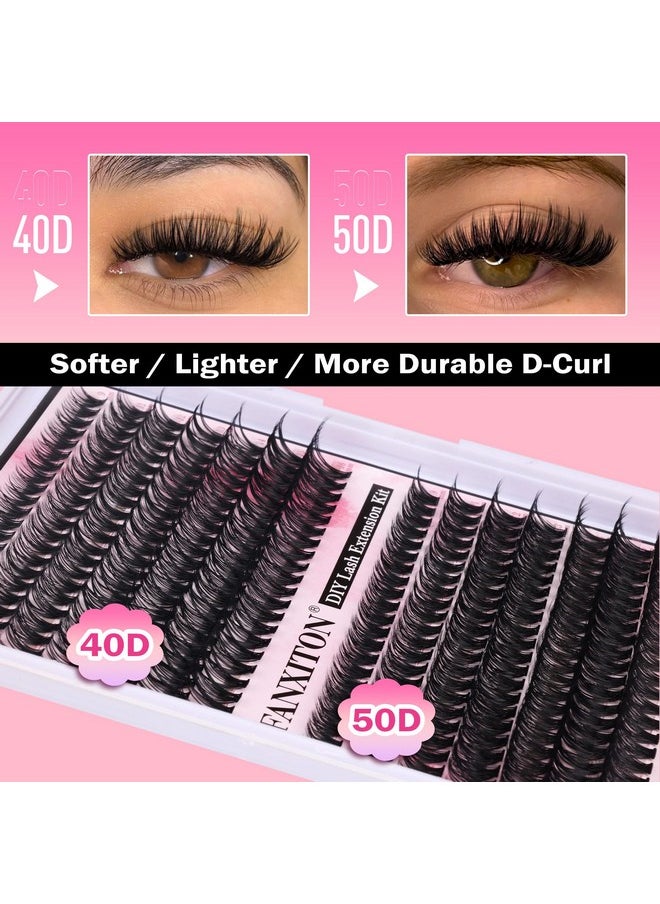 FANXITON DIY Lash Extension Kit Volume Lash Clusters 40D+50D D Curl Individual Lashes Lash Clusters Kit Thick Eyelash Extension Kit 280 pcs Thin Band Cluster Lashes Lash Bond and Seal Lash Tweezers