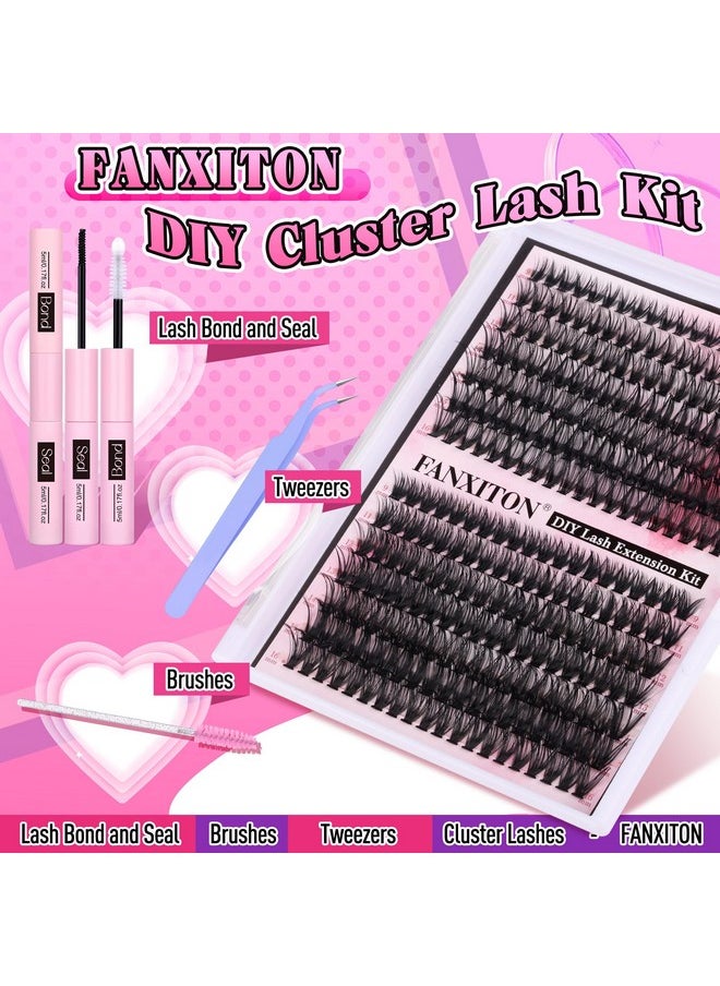 FANXITON DIY Lash Extension Kit Volume Lash Clusters 40D+50D D Curl Individual Lashes Lash Clusters Kit Thick Eyelash Extension Kit 280 pcs Thin Band Cluster Lashes Lash Bond and Seal Lash Tweezers