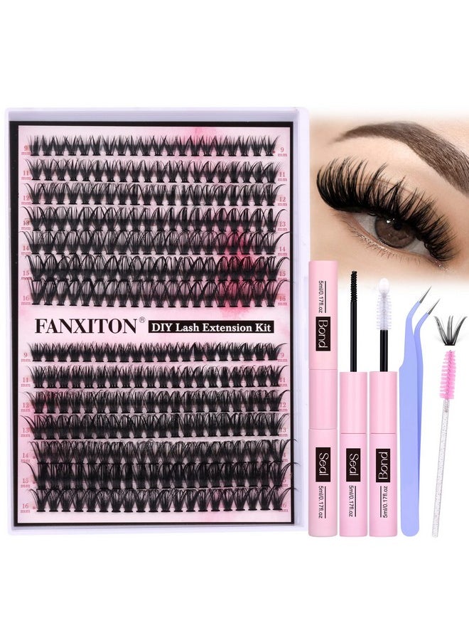 FANXITON DIY Lash Extension Kit Volume Lash Clusters 40D+50D D Curl Individual Lashes Lash Clusters Kit Thick Eyelash Extension Kit 280 pcs Thin Band Cluster Lashes Lash Bond and Seal Lash Tweezers