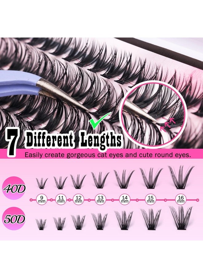 FANXITON DIY Lash Extension Kit Volume Lash Clusters 40D+50D D Curl Individual Lashes Lash Clusters Kit Thick Eyelash Extension Kit 280 pcs Thin Band Cluster Lashes Lash Bond and Seal Lash Tweezers