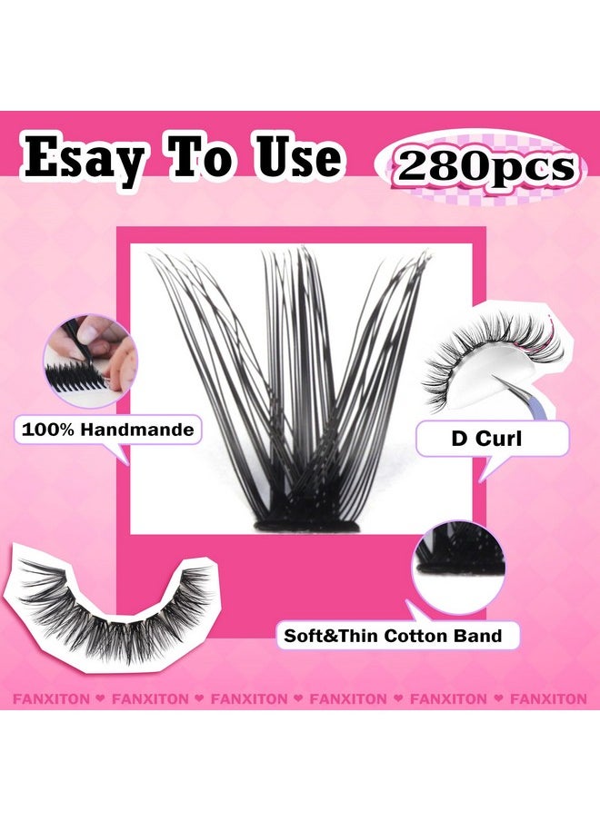 FANXITON DIY Lash Extension Kit Volume Lash Clusters 40D+50D D Curl Individual Lashes Lash Clusters Kit Thick Eyelash Extension Kit 280 pcs Thin Band Cluster Lashes Lash Bond and Seal Lash Tweezers