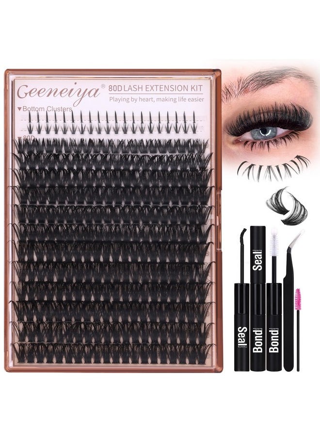Geeneiya Cluster Eyelash Extensions Kit Bottom Lash Clusters 10-20mm DIY Lash Extension Kit Wispy Volume Individual Eyelashes with Waterproof Lash Bond and Seal Applicator for Beginners