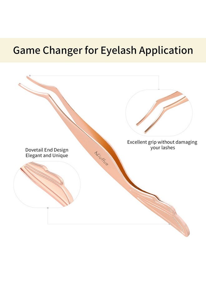 Miuffue Lash Applicator Tool DIY False Eyelash Applicator Tool Stainless Steel Curved Eyelash Tweezers for Cluster Lash Strip Lashes, Rose Gold