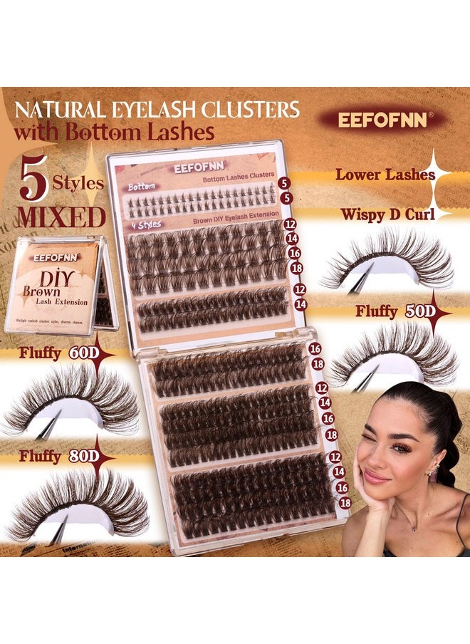 Eefofnn Brown Lash Clusters 360 pcs Eyelash Extension Natural Individual Lashes Brown Wispy+50P+60P+80P+Bottom Lashes Clusters DIY Lash Extension 5 Styles Cluster Lashes D Curl Lash Extension