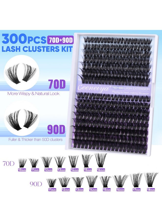 Geeneiya Wispy Lash Clusters Kit 70D+90D Lash Extension Kit 10-18mm Natural Cluster Eyelash Extensions Kit Individual Lashes with Waterproof Lash Bond and Seal Glue, Lash Tweezers (300PCS)