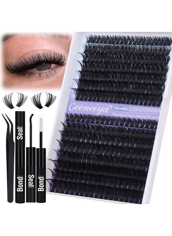 Geeneiya Wispy Lash Clusters Kit 70D+90D Lash Extension Kit 10-18mm Natural Cluster Eyelash Extensions Kit Individual Lashes with Waterproof Lash Bond and Seal Glue, Lash Tweezers (300PCS)